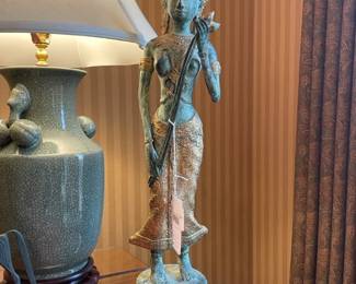 Bronze Temple Guardian Goddess, Crackle Glaze Table Lamp