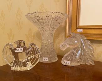 Etched Glass Vase, Glass Horse Head, Steuben Glass Eagle Paperweight