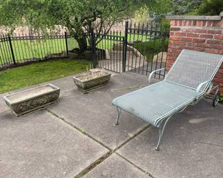 Woodard Patio Furniture such as Table, Chairs, and Chaise, Cement Flowerbeds