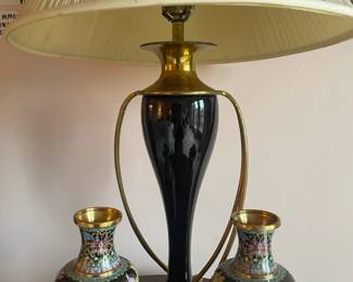 Cloisonne Brass Vase with Wood Stand, Art Nouveau Black and Brass Lamp