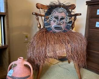 Papua New Guinea Tribal Mask, Ethan Allen Chair,Antique Calanda Bridal Jug