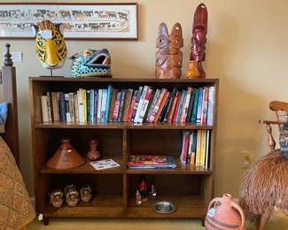 Papua New Guinea Tribal Mask, Ethan Allen Chair,Antique Calanda Bridal Jug, Bookshelf, Books, Boruca Mask