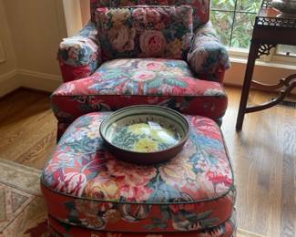 Perlmutter Upholstered Arm Chair and Ottoman, Porches Pottery Bowl