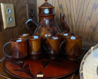 Vintage Teak Wood Carved Tea Set