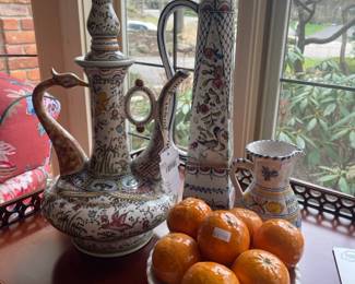 VTG Portuguese Bird Neck Decanter, Italian Ceramic Oranges Bowl, Portugal Pottery Needle Vase
