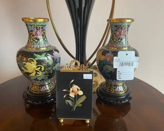 Cloisonne Brass Vase with Wood Stand