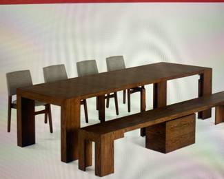 Transformer dining set. Self storing dining set. Table and bench both extend to accommodate 2 to 12 people. Scandinavian styling. 