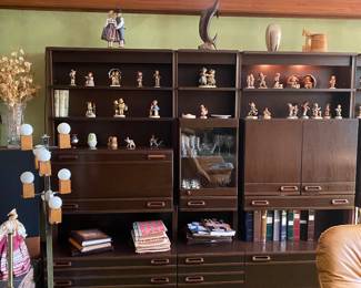 Outstanding MCM 6 pc wall unit. Dark brown Oak …solid! German maker. Being shown in original location and offered as a presale item. Floor lamp not in sale. 