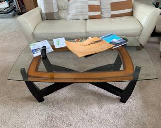 Matching rectangular wood and glass coffee table in contemporary style