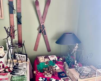 Vintage Skis and Christmas Decorations 