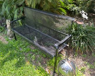 Metal Bench and Yard Art