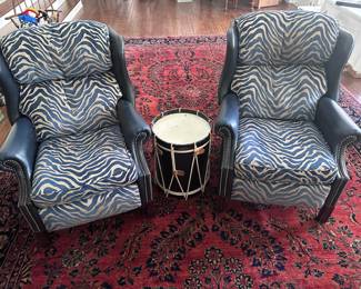 Bradington Young Leather and Zebra Print  Recliners 
And Drum Accent Table