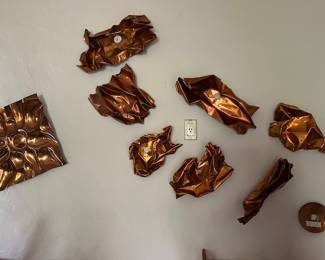 Jaxkson & Ellamarie Wooley A piece of Civic theatre history from the 65-80. Hand stamped copper relief
Jackson / Ellamarie Woolley The 7 light shades/decorative pieces were used to decorate the opening of the Civic Theatre (1960ish) by Diane Powers. Large hand stamped copper tray (on the left)