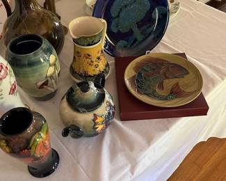 Rookwood pitcher(11") 1893/Sally Tooney (as is) Group of Moorcraft pottery vases/plates, etc