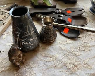 Spratling salad utensils ...... sterling silver small bear(Italian/Lucchesi Faro))...antique silver inlay vase