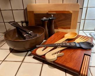 Spratling salad serving utensils /wooden salad bowl, and two cutting boards