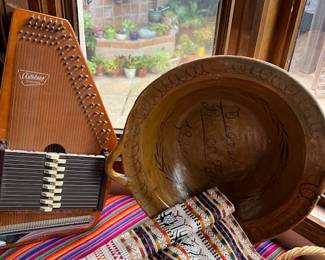 Autoharp (Oscar Schmidt and large mexican pottery bowl..