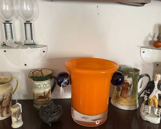 Orange Beranek/Czech/Ice Bucket... Pair of George Ponzini wine glasses...Royal Doulton Shakespeare pitcher, etc