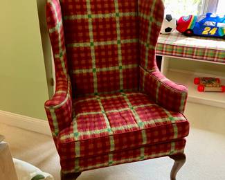 Custom upholstered red plaid wing chair
$100