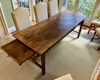 Antique French harvest table with slide out bread board and drawer
31” wide, 79” long
$3500