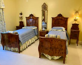 Pair of antique Louis XV burled walnut twin beds w/ bedding and mattresses
$1400
