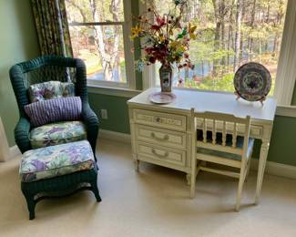 Green wicker wing chair and ottoman
$150
Painted desk with chair
$150