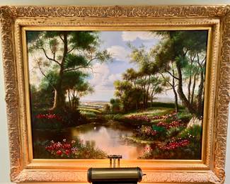 Oil on canvas, landscape with swans
$400