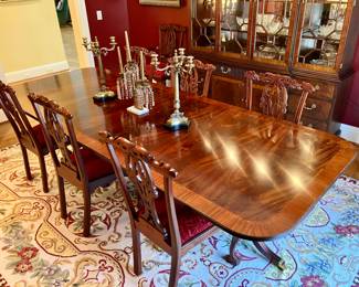 Henkel Harris banded flame-mahogany dining table w/ 2 leaves
76” long, 46” wide, each leaf adds 21.5” for a maximum length of 119”
$1800