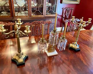 Pair of brass 3- arm candleabra
$200
Neoclassical marble and brass girondole with luster prisms
$225