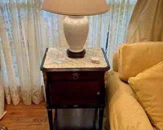 Pair of Louis XVI bedside/accent tables with marble tops and ormolu
$500