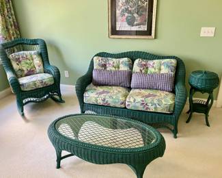 Green wicker rocker
$150
Green wicker settee
$250
Green wicker sewing basket on stand
$60
Green wicker coffee table
$80