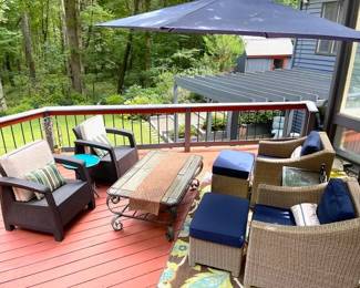 (2) Wicker Armchairs, Coffee Table & (2) Wicker Armchairs & Ottomans