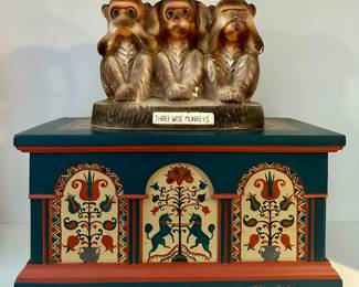Three Wise Monkeys Figurine & Folk Art Painted Box