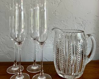 (4) Champagne Glasses & Cut Glass Pitcher
