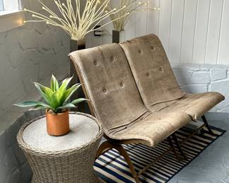 Wicker Side Table, Wrought Iron Chairs & (2) Ikea Medusa Floor Lamps