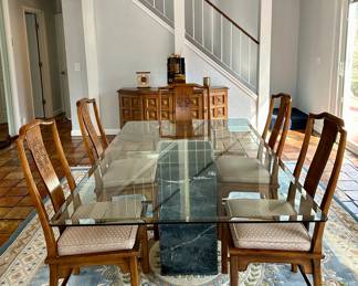 Glass & Marble Dining Table & (6) Mid Century Asian Inspired Chairs