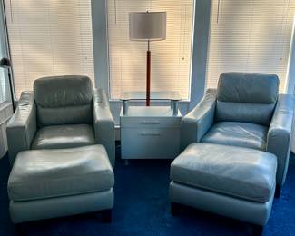 (2) Leather Armchairs & Ottomans