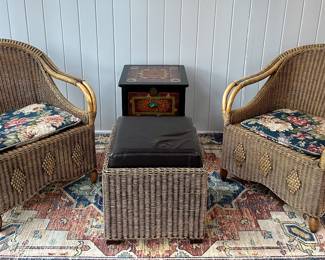 (2) Wicker Armchairs & Ottoman