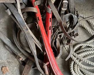 Antique Pair of Red Painted Horse Hames with Leather Sleigh Harnesss