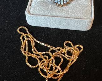 14k gold and opal ring (missing a stone) and costume necklace