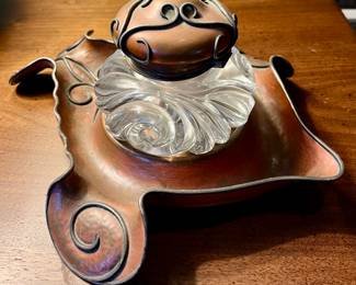 Art Nouveau Sterling Silver on Copper Glass Inkwell