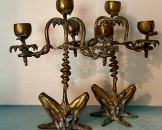 Vintage Figural Brass Candlesticks with Funky Creature