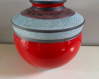 Gruchalla Rosetti red enamel asian lidded urn, 10" wide, 12"tall