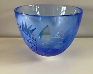 Kosta Boda etched  art glass vase, signed UHV (Ulrica Hydman-Vallien, 81/2" tall and 101/2 wide