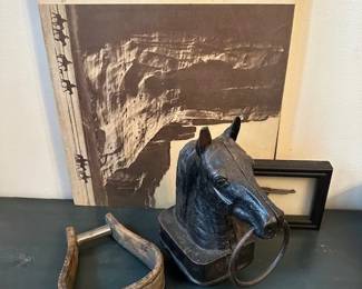 Vintage cast horse head hitch, and other Western collectables