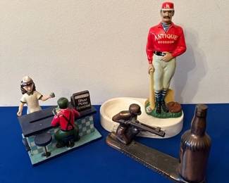 Die Cast "Blue Plate Special" bank, Southern Comfort Whiskey bank, and Bourbon baseball player display