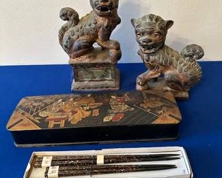Vintage Cast Iron Foo dogs, antique Japanese glove box, and lacquored chop sticks