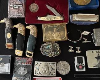 Belt buckles, Harley Davidson collectables, knives, harmonicas and other misc.