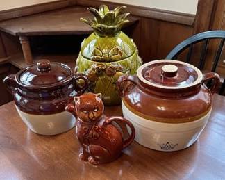 Vintage bean pots, cookie jar and ceramic cat pitcher