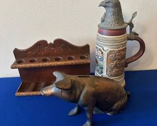 Antique pipe holder, cast iron piggy bank and Harley Davidson 80th anniversary beer stein